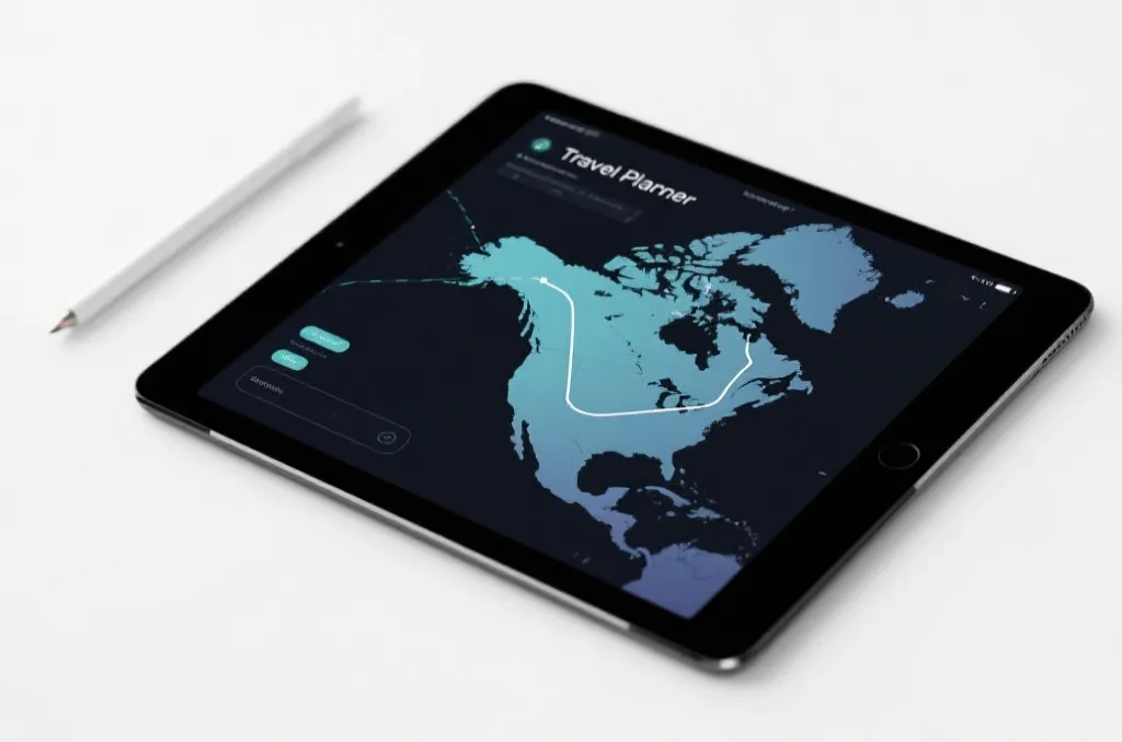 A stylized digital tablet displaying a clean map of North America with interconnected travel routes
